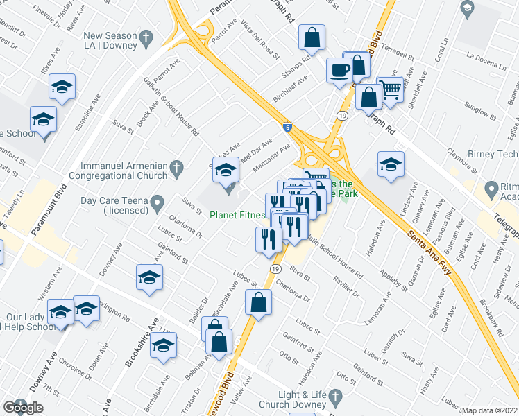 map of restaurants, bars, coffee shops, grocery stores, and more near 9508 Brookshire Avenue in Downey