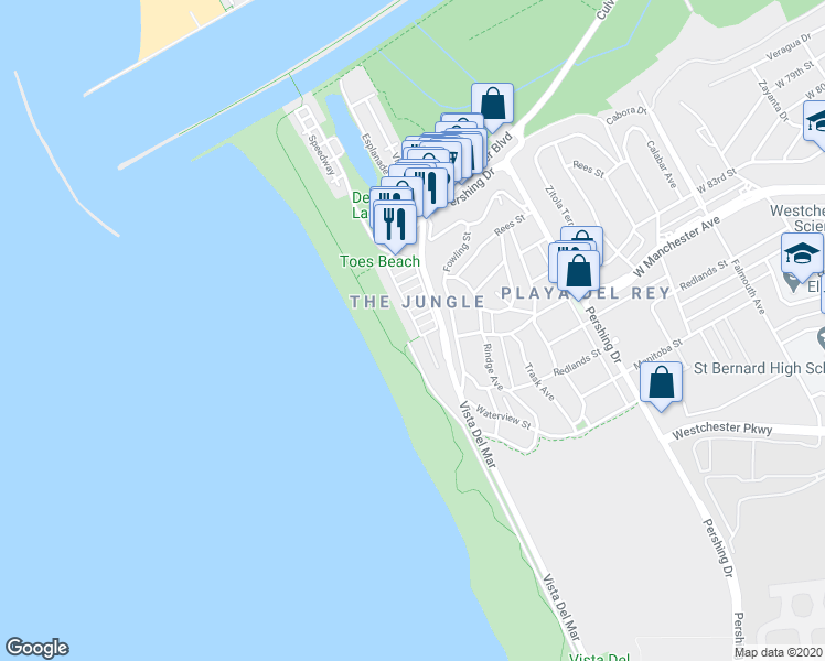 map of restaurants, bars, coffee shops, grocery stores, and more near 7045 Trolleyway South in Los Angeles