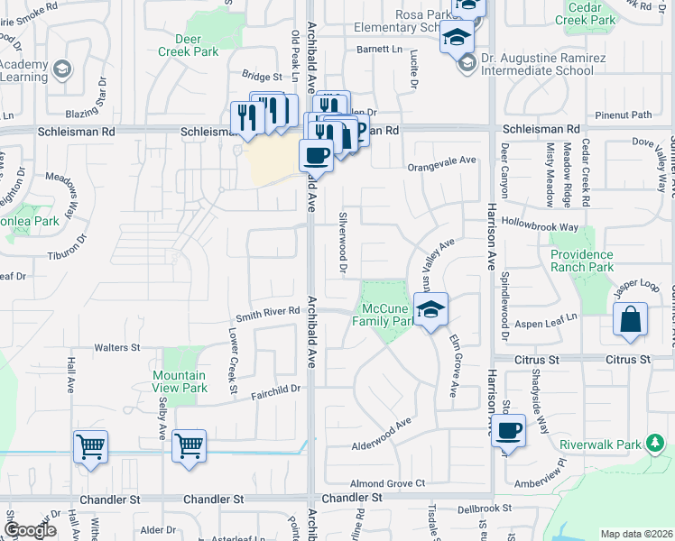 map of restaurants, bars, coffee shops, grocery stores, and more near 7291 Pinewood Court in Corona