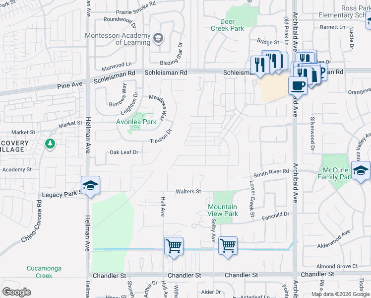 map of restaurants, bars, coffee shops, grocery stores, and more near 7291 Candra Drive in Corona