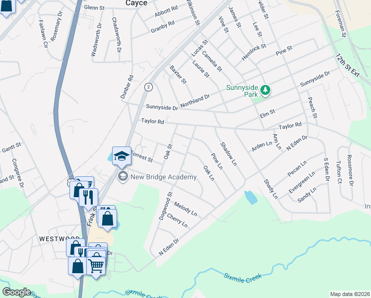map of restaurants, bars, coffee shops, grocery stores, and more near 1611 Dogwood Street in Cayce
