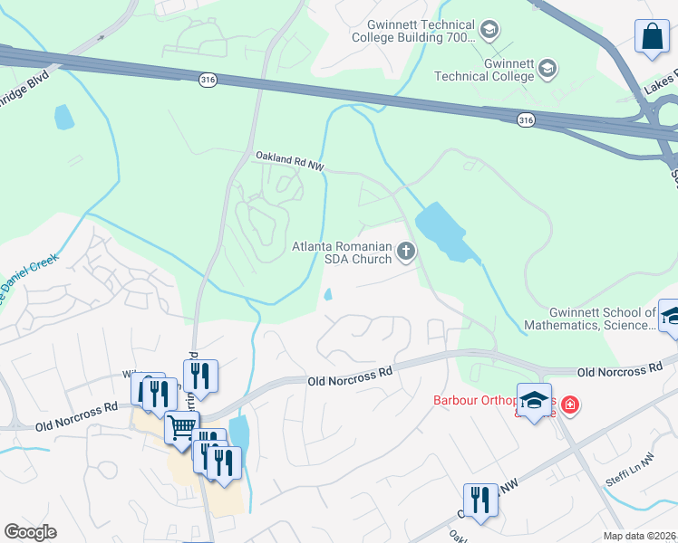 map of restaurants, bars, coffee shops, grocery stores, and more near 2320 Oakland Chase Court in Lawrenceville