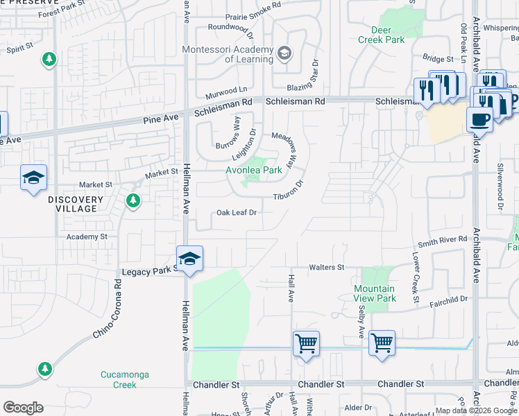 map of restaurants, bars, coffee shops, grocery stores, and more near 14752 Oak Leaf Drive in Corona