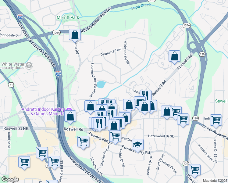map of restaurants, bars, coffee shops, grocery stores, and more near 1466 Varner Road in Marietta