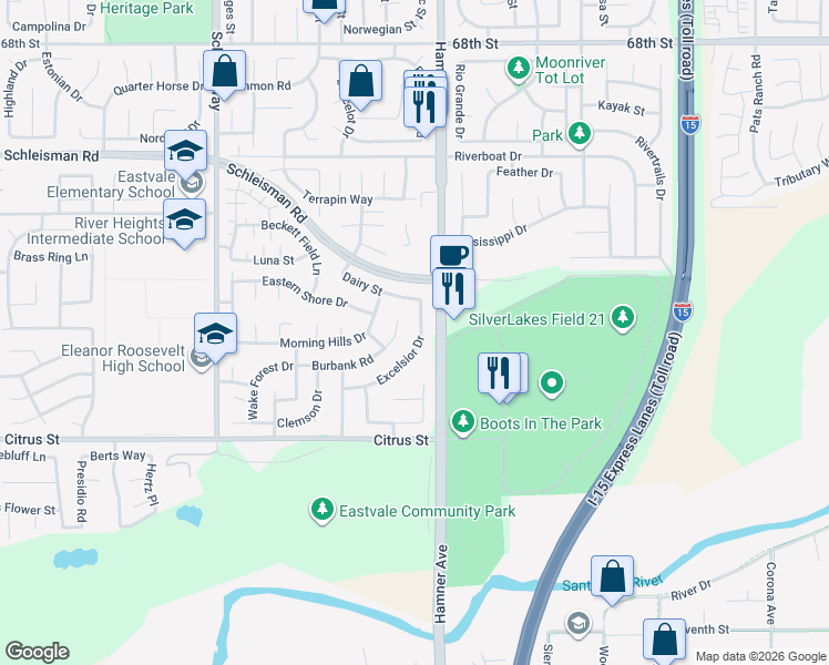 map of restaurants, bars, coffee shops, grocery stores, and more near 7265 Excelsior Drive in Corona