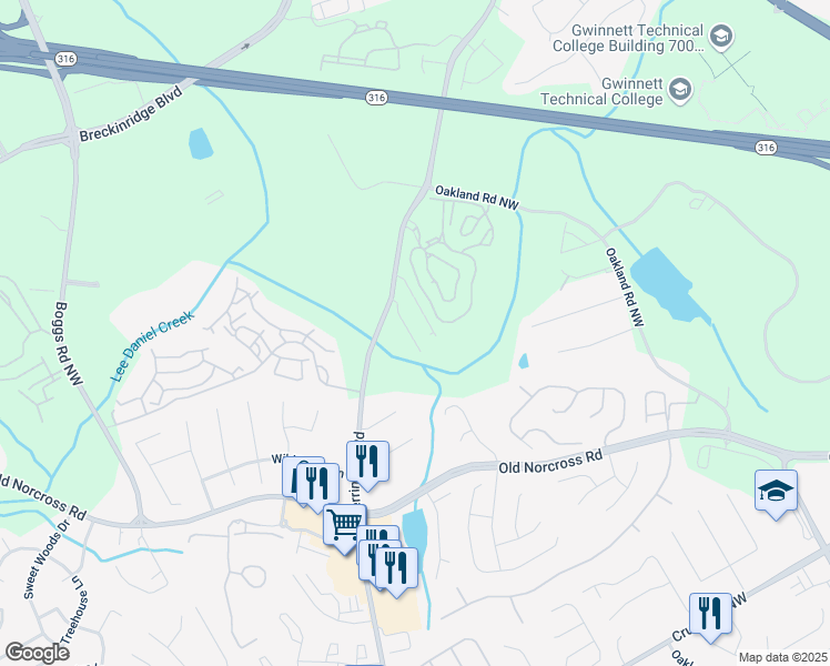 map of restaurants, bars, coffee shops, grocery stores, and more near 1233 Miss Irene Lane Northwest in Lawrenceville