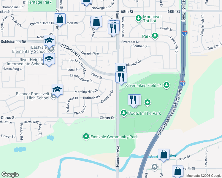 map of restaurants, bars, coffee shops, grocery stores, and more near 7265 Excelsior Drive in Corona