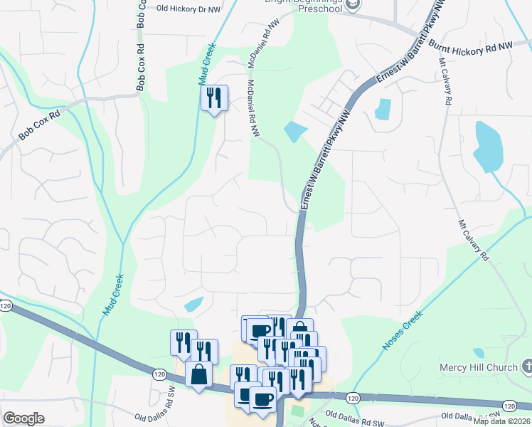map of restaurants, bars, coffee shops, grocery stores, and more near 16 Peggy Court Northwest in Marietta