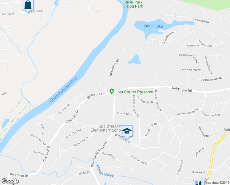 map of restaurants, bars, coffee shops, grocery stores, and more near 12736 Brandon Mill Road Northwest in Atlanta