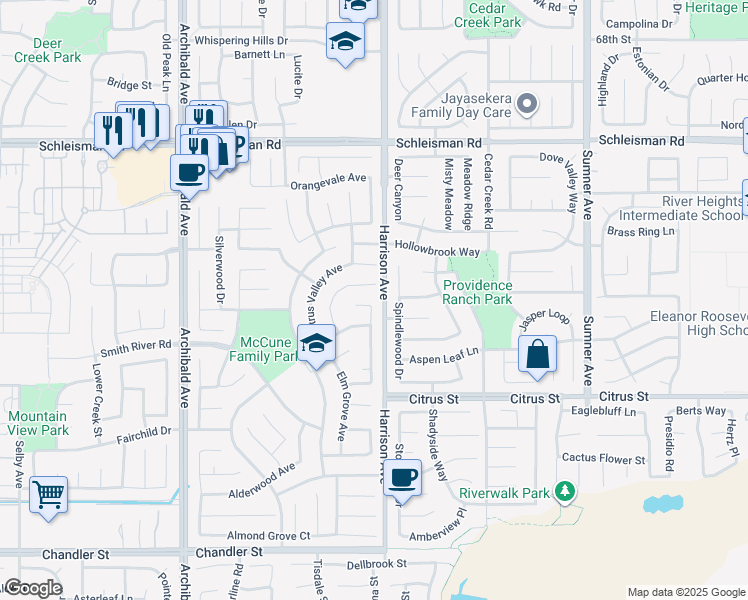 map of restaurants, bars, coffee shops, grocery stores, and more near 7306 Sungold Avenue in Corona