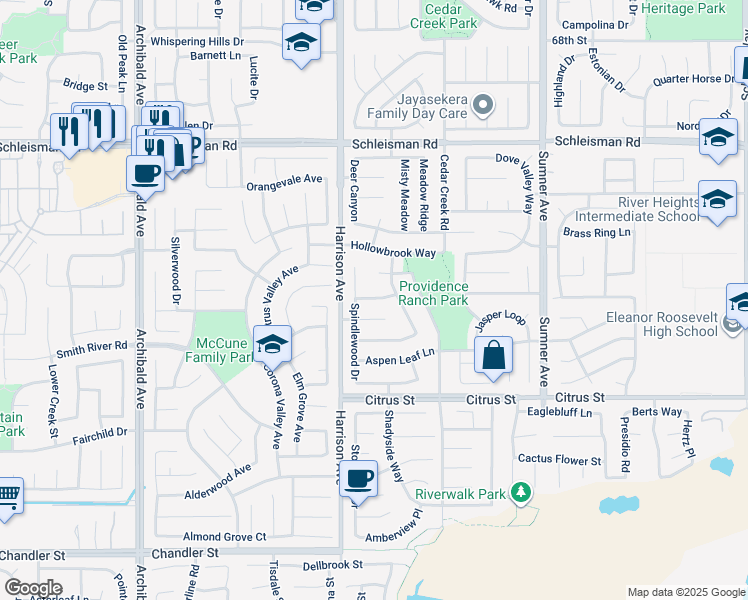 map of restaurants, bars, coffee shops, grocery stores, and more near 13735 Goldcrest Lane in Corona