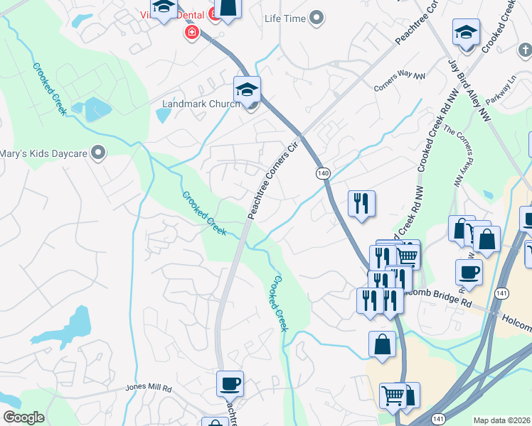 map of restaurants, bars, coffee shops, grocery stores, and more near 6383 Hawthorne Terrace in Peachtree Corners