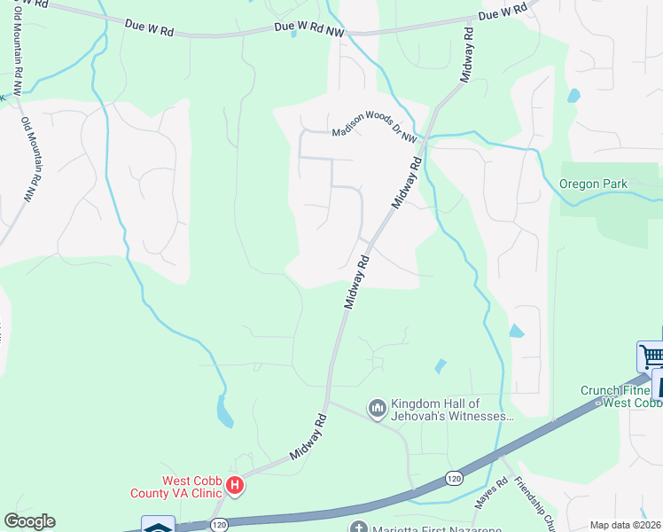 map of restaurants, bars, coffee shops, grocery stores, and more near 101 Mayes Farm Road Northwest in Marietta