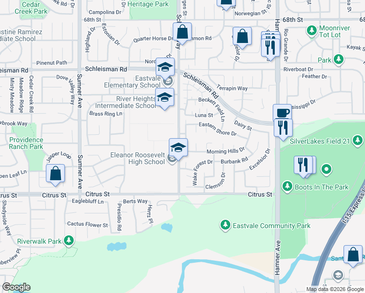 map of restaurants, bars, coffee shops, grocery stores, and more near 7313 Bay Bridge Road in Corona