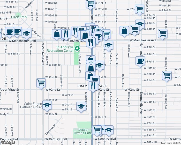 map of restaurants, bars, coffee shops, grocery stores, and more near 8937 South Western Avenue in Los Angeles