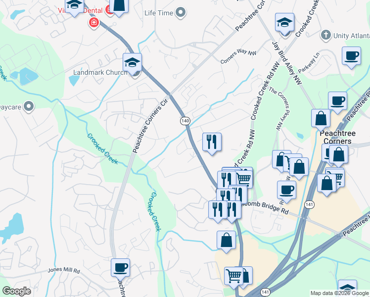 map of restaurants, bars, coffee shops, grocery stores, and more near 3546 Views Trace in Norcross
