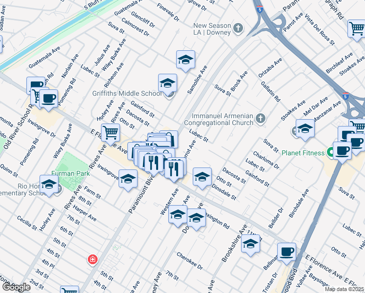 map of restaurants, bars, coffee shops, grocery stores, and more near 9840 Paramount Boulevard in Downey