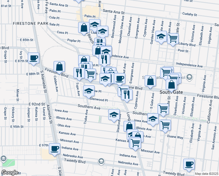 map of restaurants, bars, coffee shops, grocery stores, and more near 2800 Firestone Boulevard in South Gate