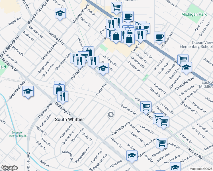 map of restaurants, bars, coffee shops, grocery stores, and more near 9016 Laurel Avenue in Whittier