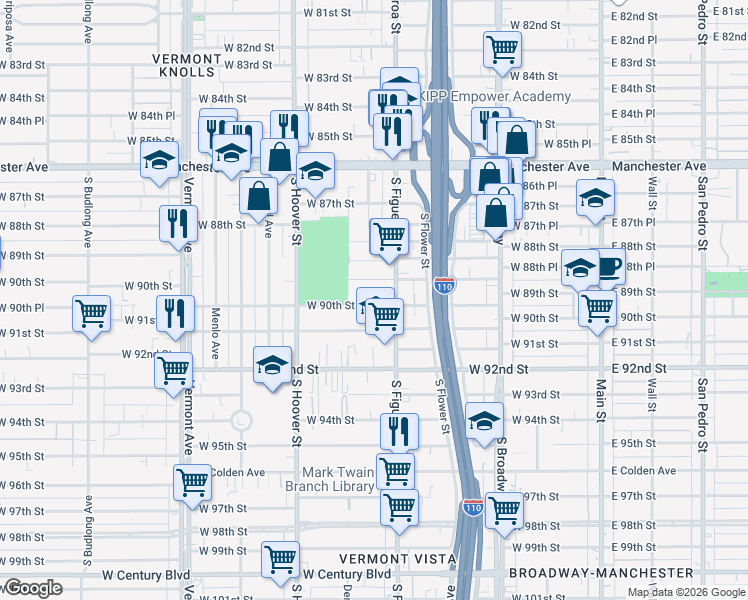 map of restaurants, bars, coffee shops, grocery stores, and more near 541 West 90th Street in Los Angeles