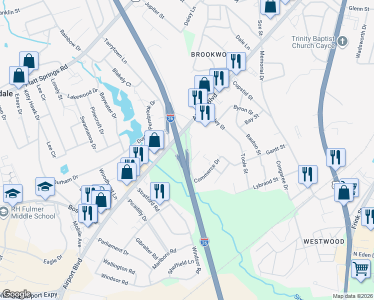 map of restaurants, bars, coffee shops, grocery stores, and more near 2200 Commerce Drive in Cayce