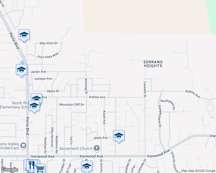 map of restaurants, bars, coffee shops, grocery stores, and more near 25647 San Thomas Street in Moreno Valley