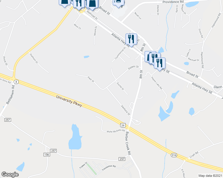 map of restaurants, bars, coffee shops, grocery stores, and more near 594 Peters Street in Statham