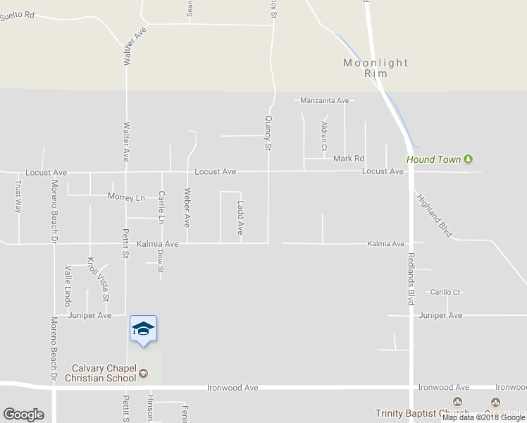 map of restaurants, bars, coffee shops, grocery stores, and more near 11385 Quincy Street in Moreno Valley