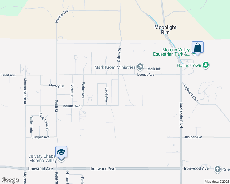 map of restaurants, bars, coffee shops, grocery stores, and more near 11385 Quincy Street in Moreno Valley