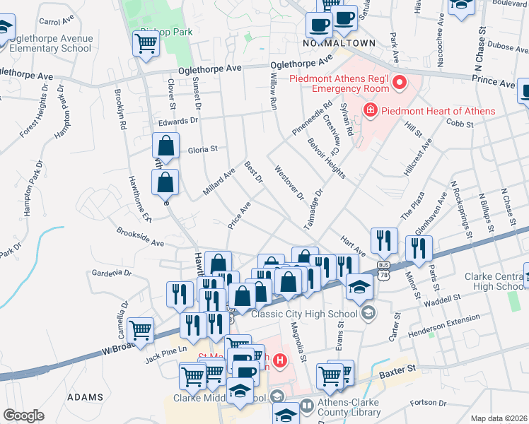 map of restaurants, bars, coffee shops, grocery stores, and more near 270 Holman Avenue in Athens