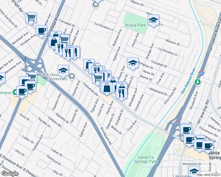 map of restaurants, bars, coffee shops, grocery stores, and more near 8716 Cord Avenue in Pico Rivera