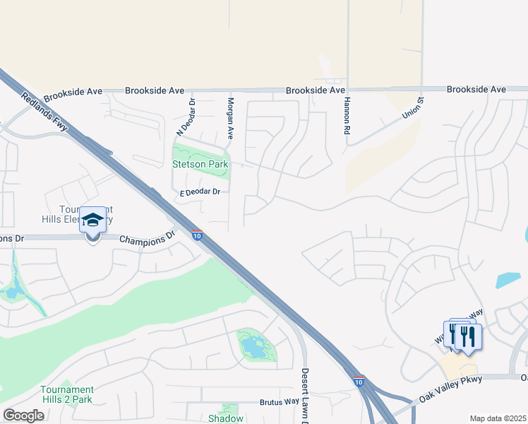 map of restaurants, bars, coffee shops, grocery stores, and more near 1660 Snowberry Road in Beaumont