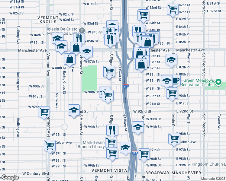 map of restaurants, bars, coffee shops, grocery stores, and more near 8916 South Figueroa Street in Los Angeles