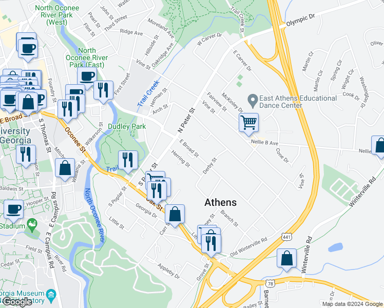 map of restaurants, bars, coffee shops, grocery stores, and more near 1454 East Broad Street in Athens