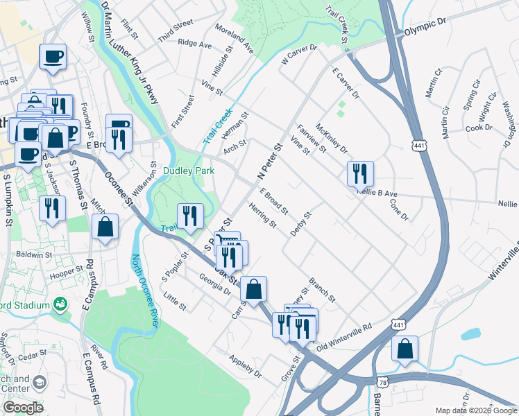 map of restaurants, bars, coffee shops, grocery stores, and more near 141 Herring Street in Athens