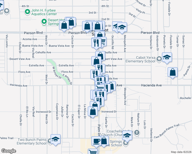 map of restaurants, bars, coffee shops, grocery stores, and more near 66465 Flora Avenue in Desert Hot Springs