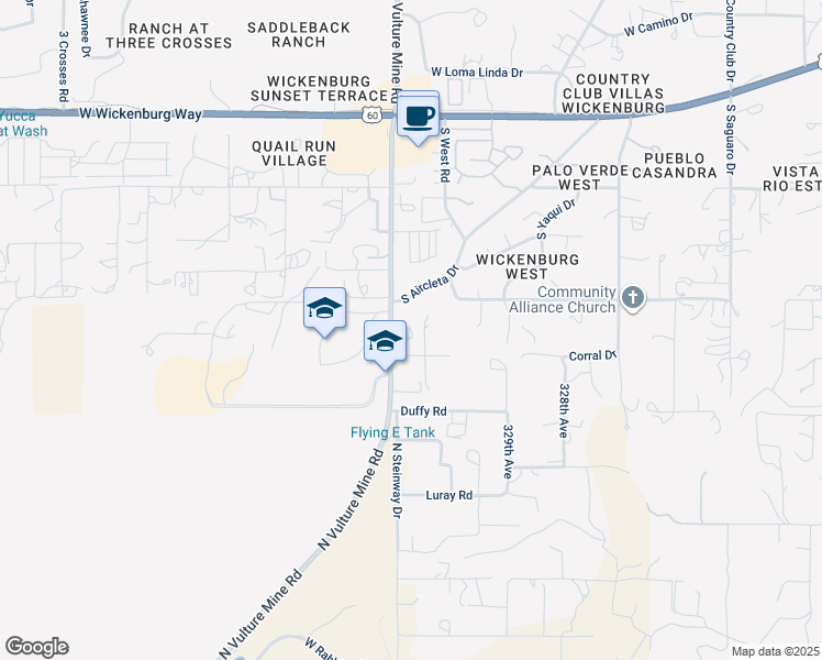 map of restaurants, bars, coffee shops, grocery stores, and more near 955 South Vulture Mine Road in Wickenburg