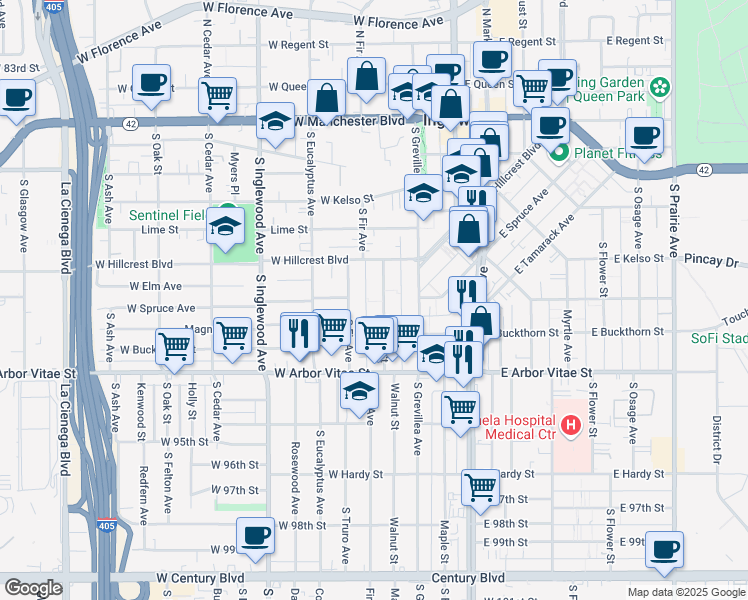 map of restaurants, bars, coffee shops, grocery stores, and more near 701 Walnut Street in Inglewood