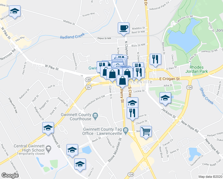 map of restaurants, bars, coffee shops, grocery stores, and more near 195 Culver Street South in Lawrenceville