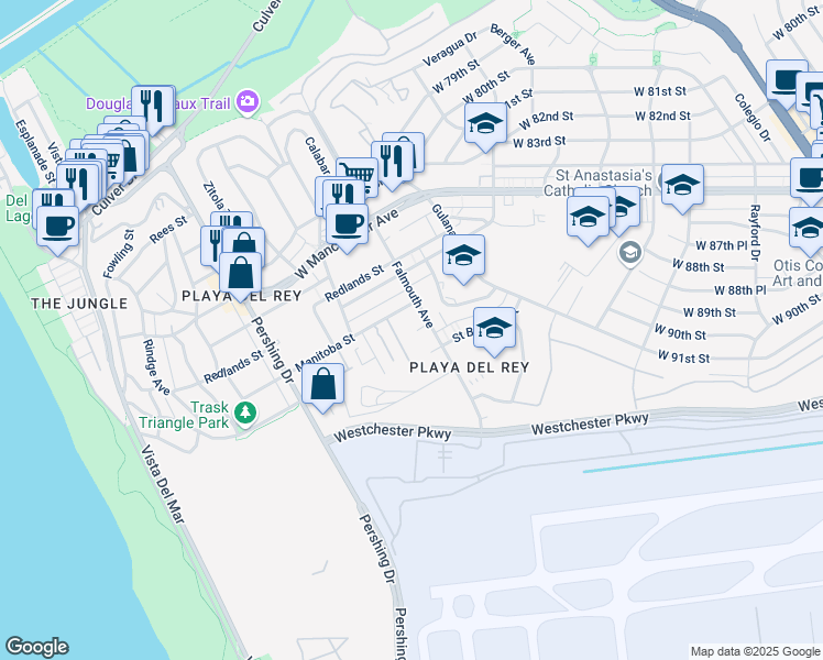 map of restaurants, bars, coffee shops, grocery stores, and more near 8114 Manitoba Street in Los Angeles