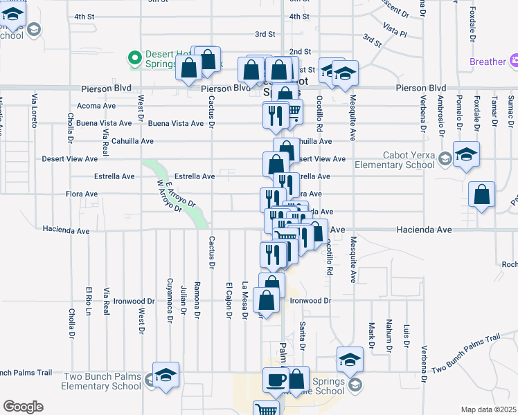 map of restaurants, bars, coffee shops, grocery stores, and more near 66375 Flora Avenue in Desert Hot Springs