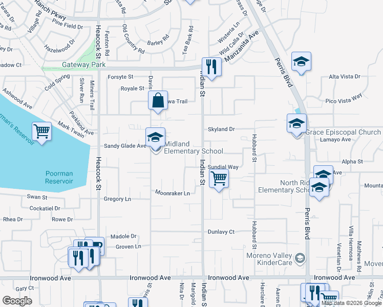 map of restaurants, bars, coffee shops, grocery stores, and more near 11396 Morning Star Lane in Moreno Valley