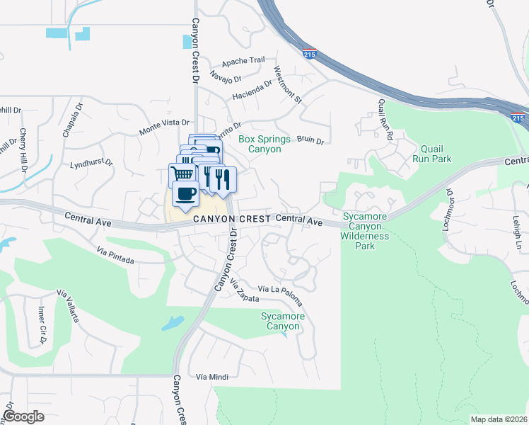map of restaurants, bars, coffee shops, grocery stores, and more near 791 Daffodil Drive in Riverside