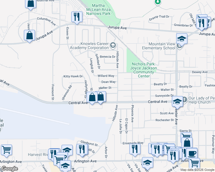 map of restaurants, bars, coffee shops, grocery stores, and more near 5770 Dean Way in Riverside