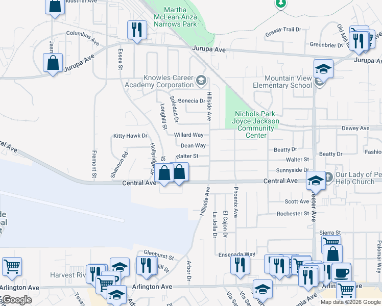 map of restaurants, bars, coffee shops, grocery stores, and more near 5770 Dean Way in Riverside