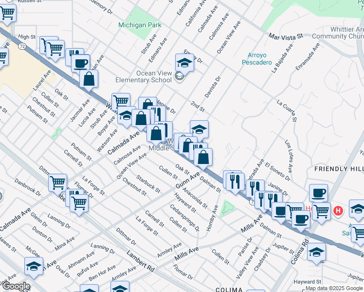 map of restaurants, bars, coffee shops, grocery stores, and more near 14329 Whittier Boulevard in Whittier