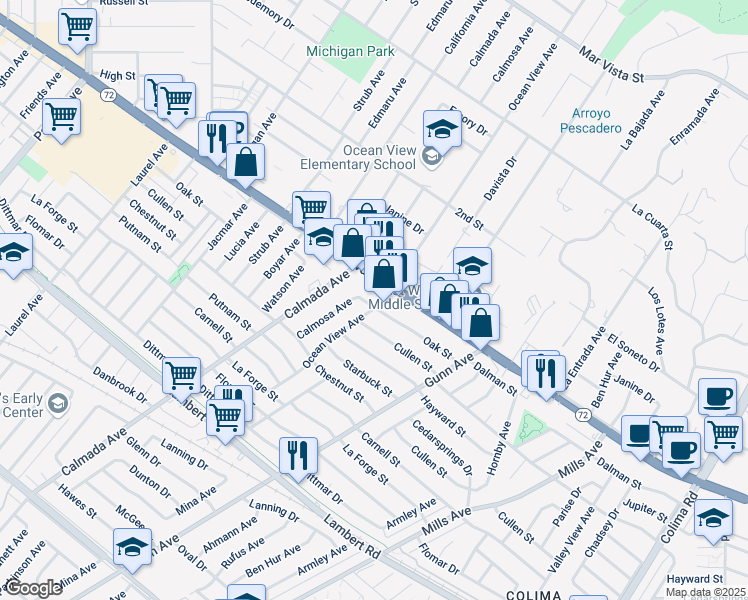 map of restaurants, bars, coffee shops, grocery stores, and more near 14244 Whittier Boulevard in Whittier