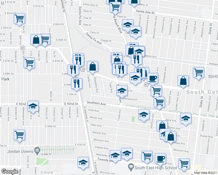 map of restaurants, bars, coffee shops, grocery stores, and more near 8928 Tope Avenue in South Gate