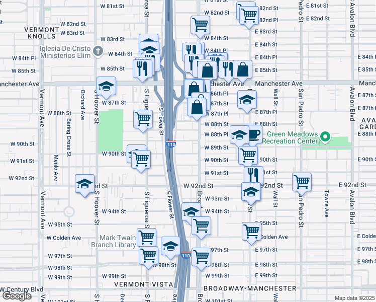 map of restaurants, bars, coffee shops, grocery stores, and more near 333 West 90th Street in Los Angeles