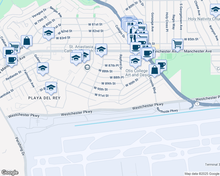 map of restaurants, bars, coffee shops, grocery stores, and more near 7336 West 89th Street in Los Angeles